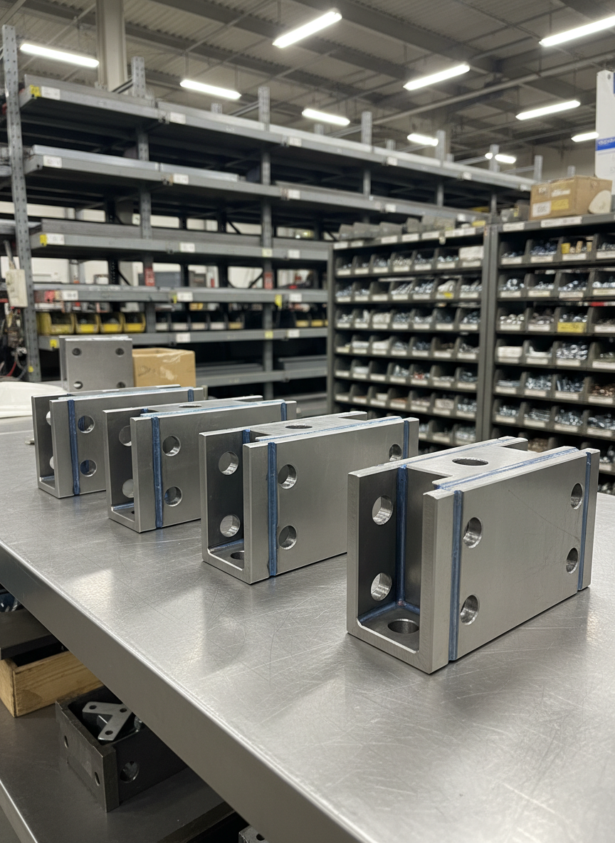 A cluster of meticulously welded steel connection plates arranged on a spotless steel workbench, each plate showing uniform fillet welds with a subtle blue heat tint and smooth, ground edges. Precision-measured holes align perfectly along their flanges. In the background, blurred storage racks hold labeled steel profiles and neatly arranged fasteners. Overhead LED shop lights cast bright, even illumination, creating crisp reflections on the metal surfaces and gentle falloff toward the back of the shop. Captured from a slightly elevated three-quarter angle with shallow depth of field, the image highlights craftsmanship and attention to detail. The atmosphere feels disciplined and exacting, with photographic realism and a professional, engineering-focused mood that reinforces reliability in structural fabrication.