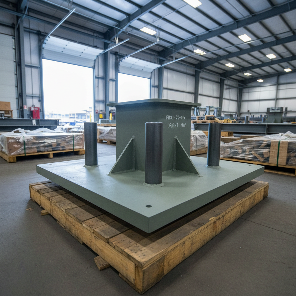 A heavy structural steel column base plate assembly resting on a wooden skid, complete with anchor bolt sleeves, stiffener plates, and thick base plate edges with clean bevels ready for field welding. The assembly’s surfaces show a uniform shop primer in a muted gray-green, with stenciled identification marks indicating project number and orientation. Surrounding it are neatly stacked pallets of fabricated components in a spacious, organized warehouse bay. Soft, overcast daylight enters through large roll-up doors, mixing with cool overhead industrial lighting to create balanced, shadow-free illumination. Shot from a low-angle perspective emphasizing mass and stability, with the column base in crisp foreground focus and the warehouse receding behind. The mood is solid, dependable, and construction-ready, in photographic realism with a straightforward, professional composition.