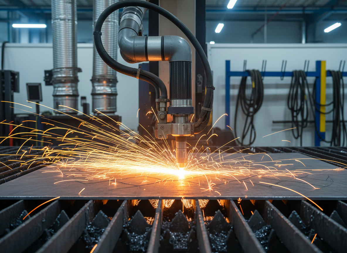 A detailed close-up of a robotic plasma cutting table in action, the machine’s torch precisely tracing an intricate pattern into a thick steel plate. Bright orange sparks fan outward in controlled arcs, while the plate’s surface glows faintly along the cut path. The slatted cutting bed beneath shows layered traces of previous cuts. The background reveals blurred glimpses of ducted fume extraction and neatly coiled hoses. Cool, controlled shop lighting is punctuated by the intense, concentrated glow from the cutting arc, creating a dramatic contrast and crisp reflections on nearby metal surfaces. Captured from a low, side-on angle with shallow depth of field, the focus stays on the cut edge quality and precision. The atmosphere is high-tech, efficient, and exact, in clean photographic realism.